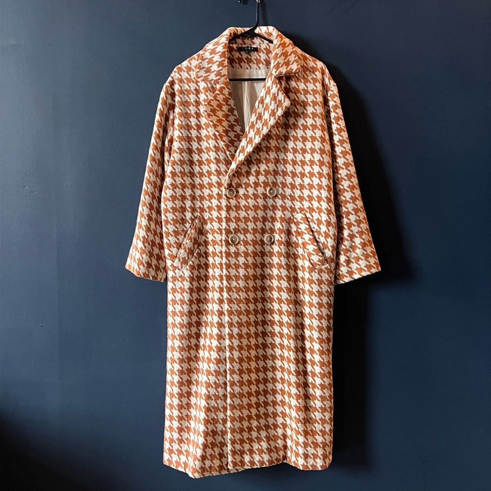 Cream and Burnt Orange Houndstooth Lined Overcoat